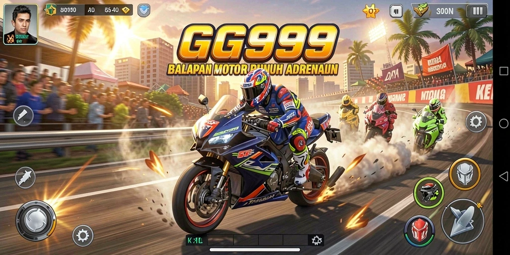 Screenshot GG999 menampilkan balapan motor yang seru dan intens.