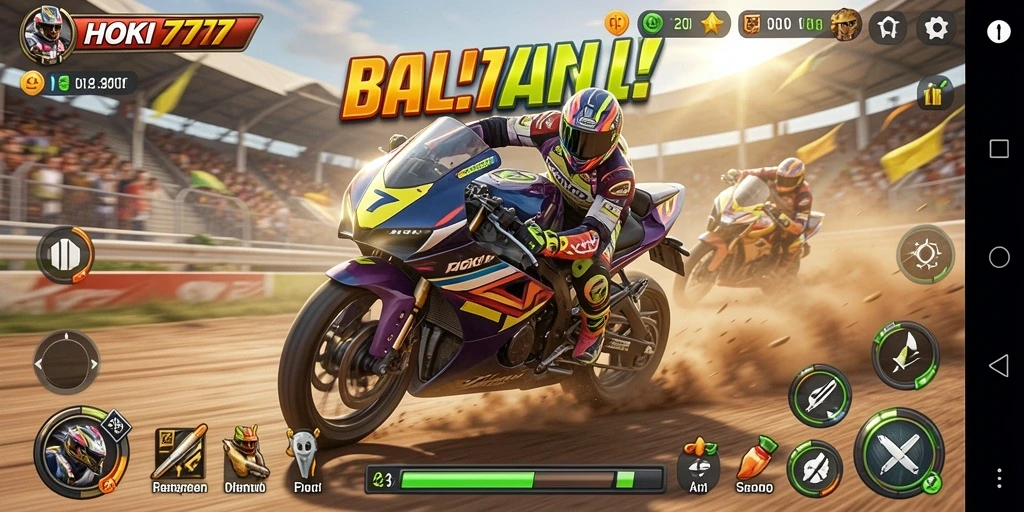 Gameplay HOKI777 dengan balapan motor yang mendebarkan dan menantang.