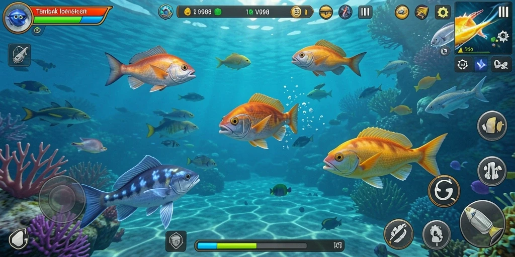 Tampilan gameplay V98 yang menegangkan saat berburu ikan.