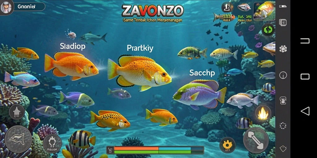 Tampilan gameplay ZAVONZO menunjukkan aksi menembak ikan yang seru.